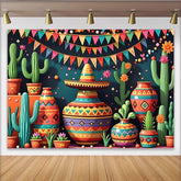 Lofaris Vibrant Mexican Fiesta Backdrop with Cacti and Sombrero, Colorful Pottery and Bunting Party Decor for Celebration Photography