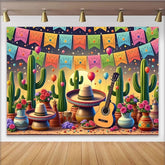 Lofaris Vibrant Mexican Fiesta Backdrop with Cacti and Sombrero, Colorful Balloons and Guitar Party Background