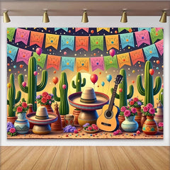 Lofaris Vibrant Mexican Fiesta Backdrop with Cacti and Sombrero, Colorful Balloons and Guitar Party Background