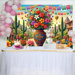 Lofaris Vibrant Mexican Fiesta Photography Backdrop with Colorful Flowers and Cacti, Festive Party Decor for Celebration