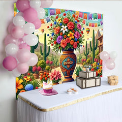 Lofaris Vibrant Mexican Fiesta Photography Backdrop with Colorful Flowers and Cacti, Festive Party Decor for Celebration