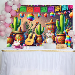 Lofaris Vibrant Mexican Fiesta Backdrop with Cacti, Sombreros, and Guitar, Colorful Party Background for Cinco de Mayo Celebration