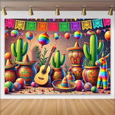 Lofaris Vibrant Mexican Fiesta Backdrop with Cacti, Sombreros, and Guitar, Colorful Party Background for Cinco de Mayo Celebration