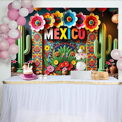 Lofaris Vibrant Mexican Fiesta Backdrop with Colorful Flowers, Cacti, and Mexico Text, Festive Party Decoration Photo Booth Background