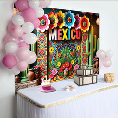 Lofaris Vibrant Mexican Fiesta Backdrop with Colorful Flowers, Cacti, and Mexico Text, Festive Party Decoration Photo Booth Background
