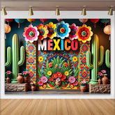 Lofaris Vibrant Mexican Fiesta Backdrop with Colorful Flowers, Cacti, and Mexico Text, Festive Party Decoration Photo Booth Background