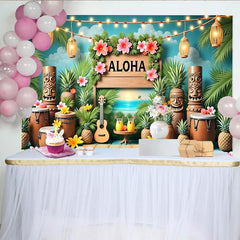 Lofaris Aloha Hawaiian Luau Party Backdrop with Tropical Palm Leaves and Tiki Statues, Summer Beach Sunset Background for Festive Event Decor