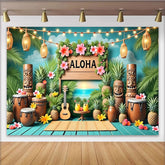 Lofaris Aloha Hawaiian Luau Party Backdrop with Tropical Palm Leaves and Tiki Statues, Summer Beach Sunset Background for Festive Event Decor