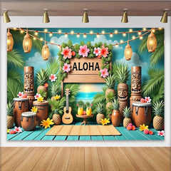 Lofaris Aloha Hawaiian Luau Party Backdrop with Tropical Palm Leaves and Tiki Statues, Summer Beach Sunset Background for Festive Event Decor