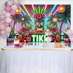 Lofaris Neon Tiki Party Backdrop with Tropical Palm Trees and Flowers, Vibrant Photo Background for Summer Event