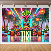 Lofaris Neon Tiki Party Backdrop with Tropical Palm Trees and Flowers, Vibrant Photo Background for Summer Event