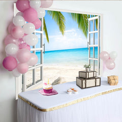 Lofaris Tropical Beach Window View Photography Backdrop, Blue Ocean and Palm Trees Background for Studio Photoshoot