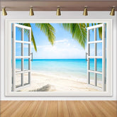 Lofaris Tropical Beach Window View Photography Backdrop, Blue Ocean and Palm Trees Background for Studio Photoshoot