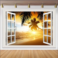 Lofaris White Window Frame Tropical Beach Sunset Photography Backdrop, Scenic Ocean View Background for Studio Photoshoot