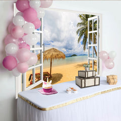 Lofaris White Window Frame Tropical Beach Photography Backdrop, Scenic Ocean View Background for Summer Vacation Photoshoot