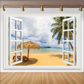 Lofaris White Window Frame Tropical Beach Photography Backdrop, Scenic Ocean View Background for Summer Vacation Photoshoot