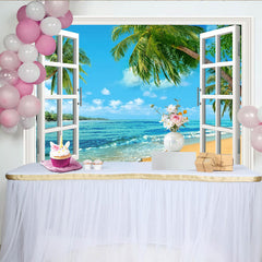 Lofaris Tropical Beach Window Photography Backdrop with Open White Frame, Scenic Ocean View for Studio Photoshoot