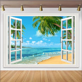 Lofaris Tropical Beach Window Photography Backdrop with Open White Frame, Scenic Ocean View for Studio Photoshoot