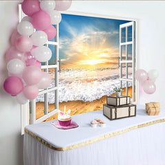 Lofaris Open White Window Beach Photography Backdrop with Golden Sunset Ocean Waves, Scenic Studio Background for Photoshoot