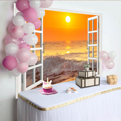 Lofaris White Open Window Ocean Sunset Photography Backdrop with Crashing Waves, Vibrant Seascape Background for Studio Photoshoot