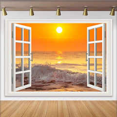Lofaris White Open Window Ocean Sunset Photography Backdrop with Crashing Waves, Vibrant Seascape Background for Studio Photoshoot