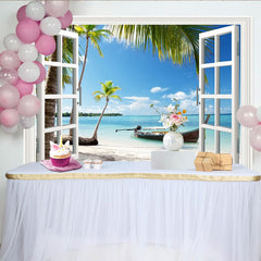 Lofaris White Window Frame Tropical Beach Photography Backdrop, Vibrant Palm Tree Ocean Background for Studio Photoshoot