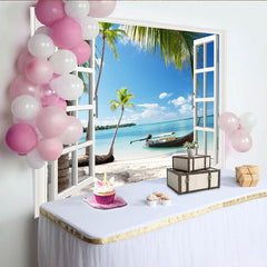 Lofaris White Window Frame Tropical Beach Photography Backdrop, Vibrant Palm Tree Ocean Background for Studio Photoshoot