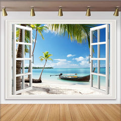 Lofaris White Window Frame Tropical Beach Photography Backdrop, Vibrant Palm Tree Ocean Background for Studio Photoshoot