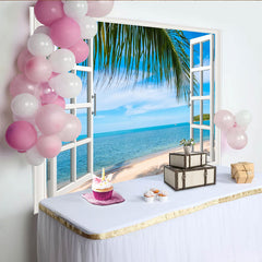 Lofaris White Window View Beach Photography Backdrop with Palm Tree and Blue Ocean, Tropical Summer Background for Studio Photoshoot