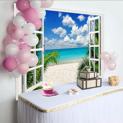 Lofaris Window View Tropical Beach Photography Backdrop with Palm Trees Blue Ocean, Vibrant Scenery Background for Summer Photoshoot
