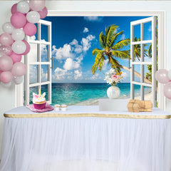 Lofaris Tropical Beach Window Photography Backdrop with Palm Trees and Blue Ocean, Scenic Studio Background for Summer Photoshoot
