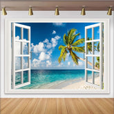 Lofaris Tropical Beach Window Photography Backdrop with Palm Trees and Blue Ocean, Scenic Studio Background for Summer Photoshoot