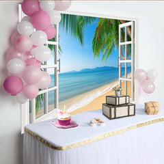 Lofaris Tropical Beach Window Photography Backdrop with Palm Trees, Scenic Ocean View Background for Summer Vacation Photoshoot