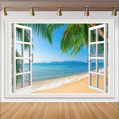 Lofaris Tropical Beach Window Photography Backdrop with Palm Trees, Scenic Ocean View Background for Summer Vacation Photoshoot