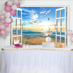 Lofaris Open Window Beach Sunset Photography Backdrop, Scenic Ocean View Background for Studio Photoshoot and Home Decor
