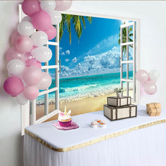 Lofaris White Window View Photography Backdrop with Tropical Beach and Blue Ocean, Summer Vacation Photo Studio Background for Party Decor