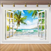 Lofaris Open Window Tropical Beach Photography Backdrop with Palm Trees, Sunny Ocean View Background for Studio Photoshoot and Home Decor
