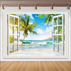 Lofaris Open Window Tropical Beach Photography Backdrop with Palm Trees, Sunny Ocean View Background for Studio Photoshoot and Home Decor