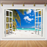 Lofaris Tropical Beach View Open Window Backdrop, Vibrant Ocean Palm Tree Photography Background for Studio Photoshoot