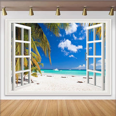 Lofaris Tropical Beach View Open Window Backdrop, Vibrant Ocean Palm Tree Photography Background for Studio Photoshoot