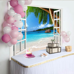 Lofaris Open Window Tropical Beach Photography Backdrop, Blue Ocean and Palm Trees Summer Vacation Background for Studio Photoshoot