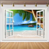 Lofaris Open Window Tropical Beach Photography Backdrop, Blue Ocean and Palm Trees Summer Vacation Background for Studio Photoshoot