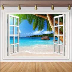 Lofaris Open Window Tropical Beach Photography Backdrop, Blue Ocean and Palm Trees Summer Vacation Background for Studio Photoshoot