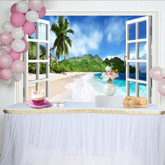 Lofaris Open Window Tropical Beach Photography Backdrop, Blue Ocean and Palm Trees for Scenic Studio Background