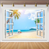 Lofaris Sunny Tropical Window View Beach Photography Backdrop, Scenic Blue Ocean and Palm Trees Background for Photoshoot