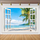 Lofaris White Open Window View Tropical Beach Photography Backdrop, Scenic Ocean Background for Summer Vacation Photoshoot