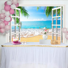 Lofaris White Window Frame Tropical Beach Photography Backdrop, Scenic Ocean View Background for Studio and Party Decor