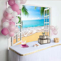 Lofaris White Window Frame Tropical Beach Photography Backdrop, Scenic Ocean View Background for Studio and Party Decor