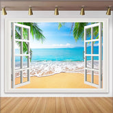 Lofaris White Window Frame Tropical Beach Photography Backdrop, Scenic Ocean View Background for Studio and Party Decor