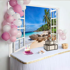Lofaris White Window Frame Tropical Beach Photography Backdrop, Scenic Palm Trees and Blue Ocean Summer Vacation Background